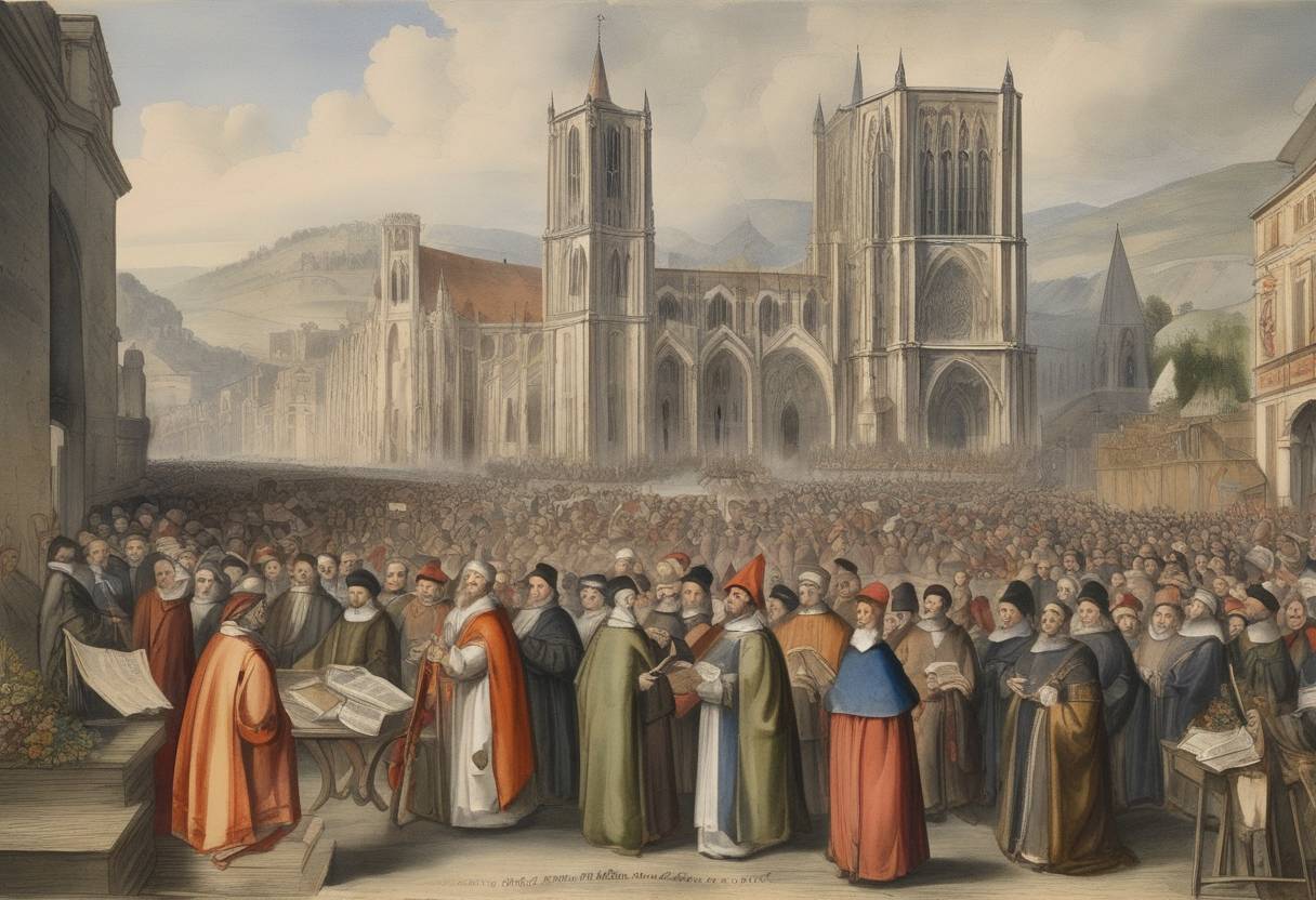 Watercolor painting based depiction of In Grenoble, French Protestants hold their first national synod, marking a significant step in the organizational development of Protestantism in France. (1562)