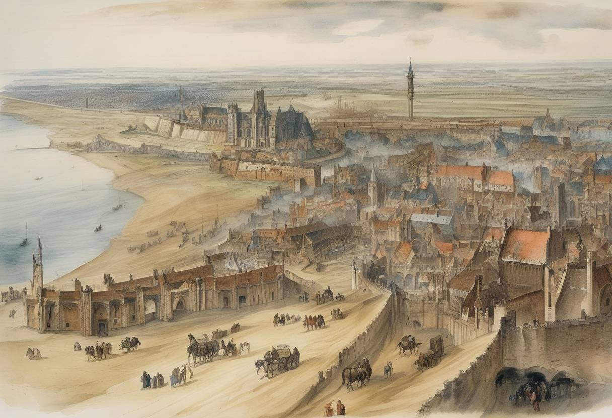 Watercolor painting based depiction of The city of Calais was recaptured by the French under the command of Francis, Duke of Guise, marking the end of English rule in the area. (1558)