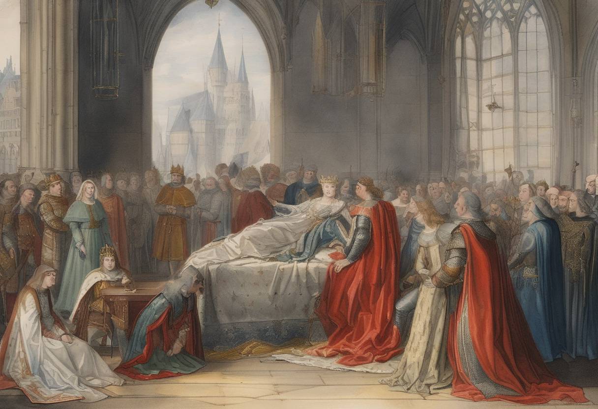 Watercolor painting based depiction of The death of Theobald II, Duke of Lorraine, which initiated a succession crisis, as descendents of the earlier ducal lineage laid claim to the title, affecting regional politics. (1324)