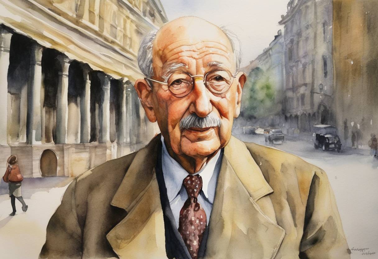 Watercolor painting based depiction of Simon Wiesenthal, famed Nazi hunter and Holocaust survivor, dies in Vienna. Wiesenthal was instrumental in bringing over 1,100 Nazi war criminals to justice, including Adolf Eichmann, one of the main architects of the Holocaust. (2005)