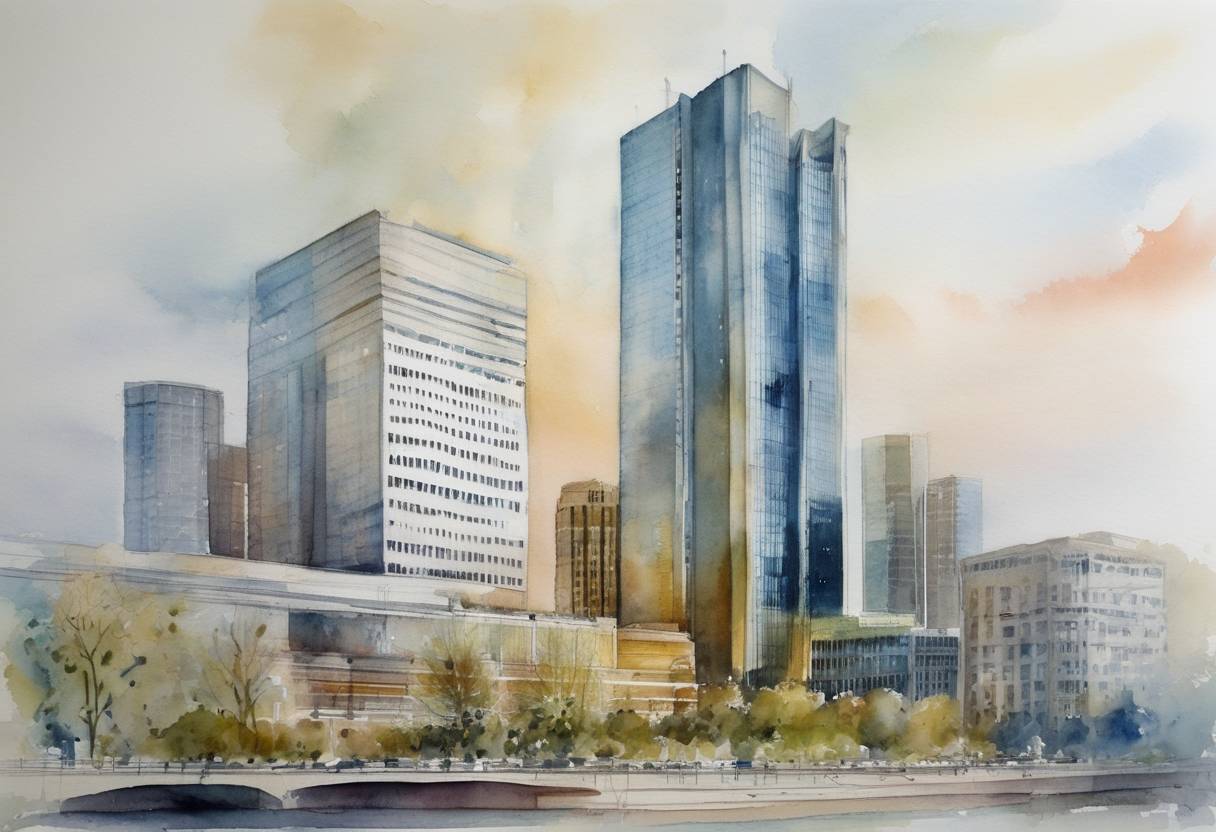 Watercolor painting based depiction of The European Central Bank (ECB) announced it would nearly double its capital from €5.8 billion to €10.8 billion, a move aimed at enhancing the bank's financial stability amid the eurozone debt crisis stages. (2010)