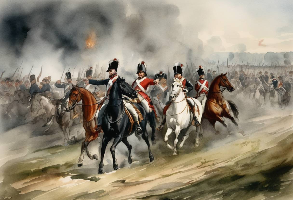Watercolor painting based depiction of Russian General Alexander Suvorov leads his troops to victory in the battle against Polish forces at the Battle of Maciejowice during the Kościuszko Uprising. (1794)