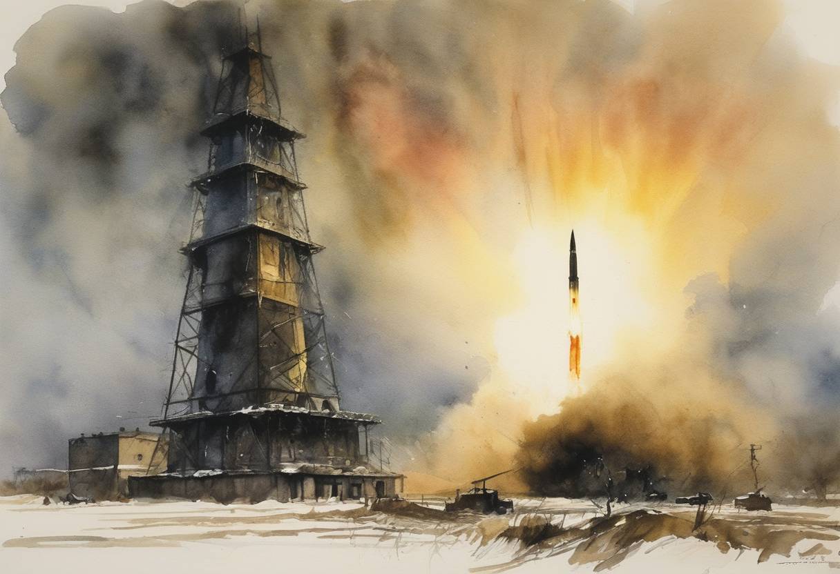 Watercolor painting based depiction of The Soviet Union's nuclear early warning system falsely detected an incoming missile strike from the United States, but Stanislav Petrov, a Soviet Air Defence Forces officer, correctly assessed the situation as a false alarm. (1983)