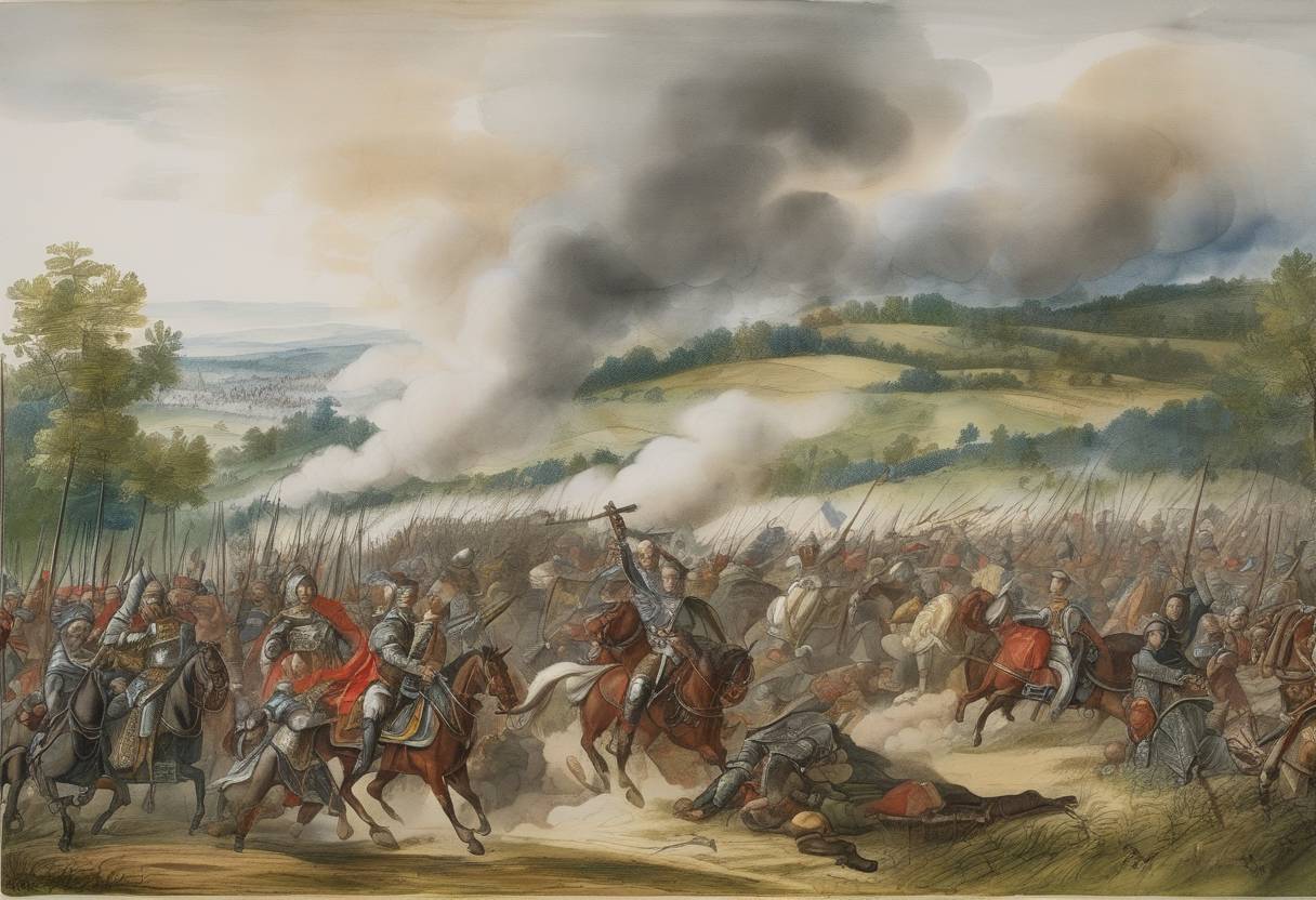 Watercolor painting based depiction of Catholic forces defeat a significant Protestant army at the Battle of Sievershausen led by Maurice of Saxony. (1548)