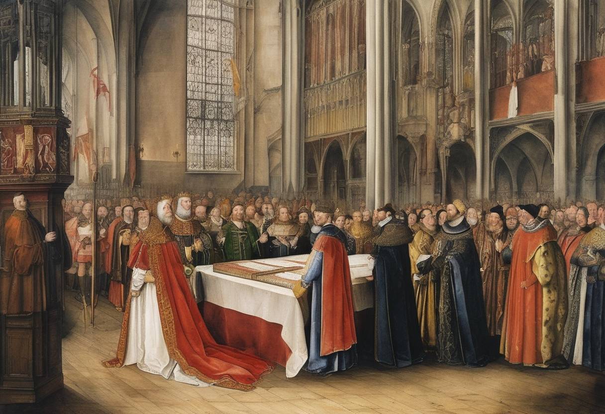Watercolor painting based depiction of The first time the Protestant confession was presented to Holy Roman Emperor Charles V in the Diet of Augsburg. It was a crucial event in the Protestant Reformation, marking a formal presentation of the beliefs that would form Lutheran doctrine. (1530)