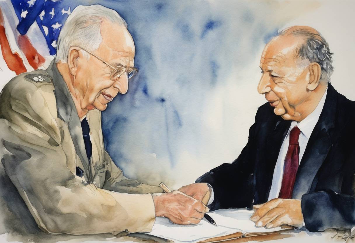 Watercolor painting based depiction of Israeli Prime Minister Yitzhak Rabin and PLO Chairman Yasser Arafat signed a pact to expand Palestinian self-rule in the West Bank. (1995)