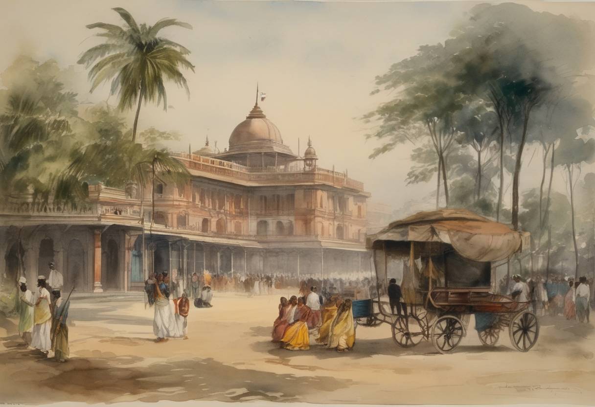 Watercolor painting based depiction of The Partition of Bengal takes effect, dividing the eastern part of the Bengal province in British India from the western part, on administrative grounds. (1905)