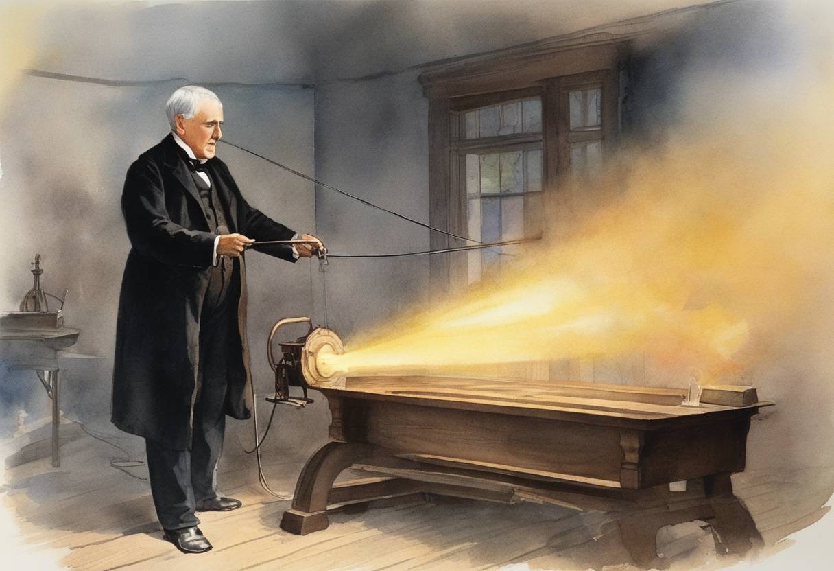Watercolor painting based depiction of Thomas Edison tests the first practical electric arc light system at the village of Menlo Park, New Jersey. (1879)
