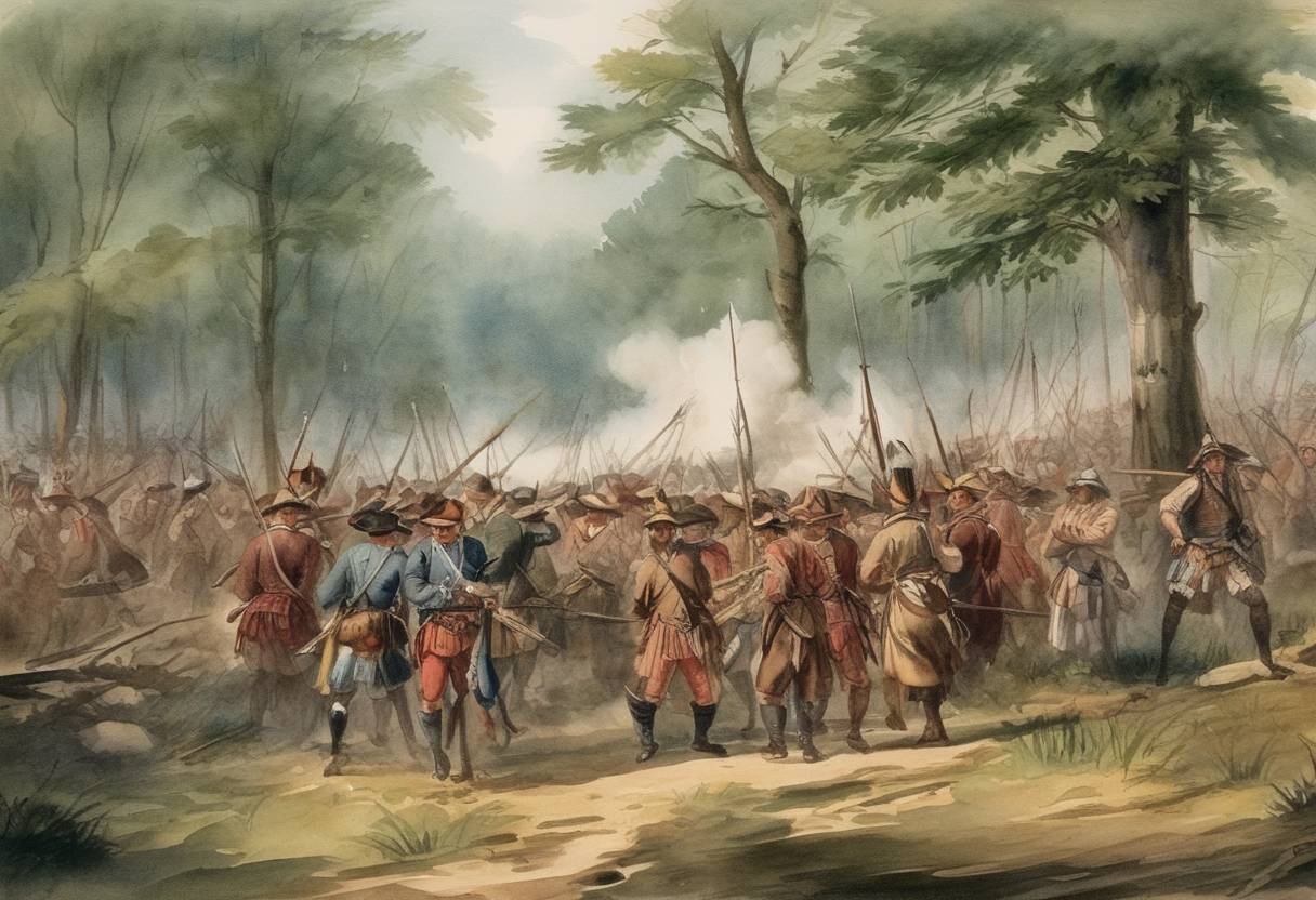 Watercolor painting based depiction of The Tuscarora War began with a raid by Native American tribes on colonial settlements in North Carolina. (1711)