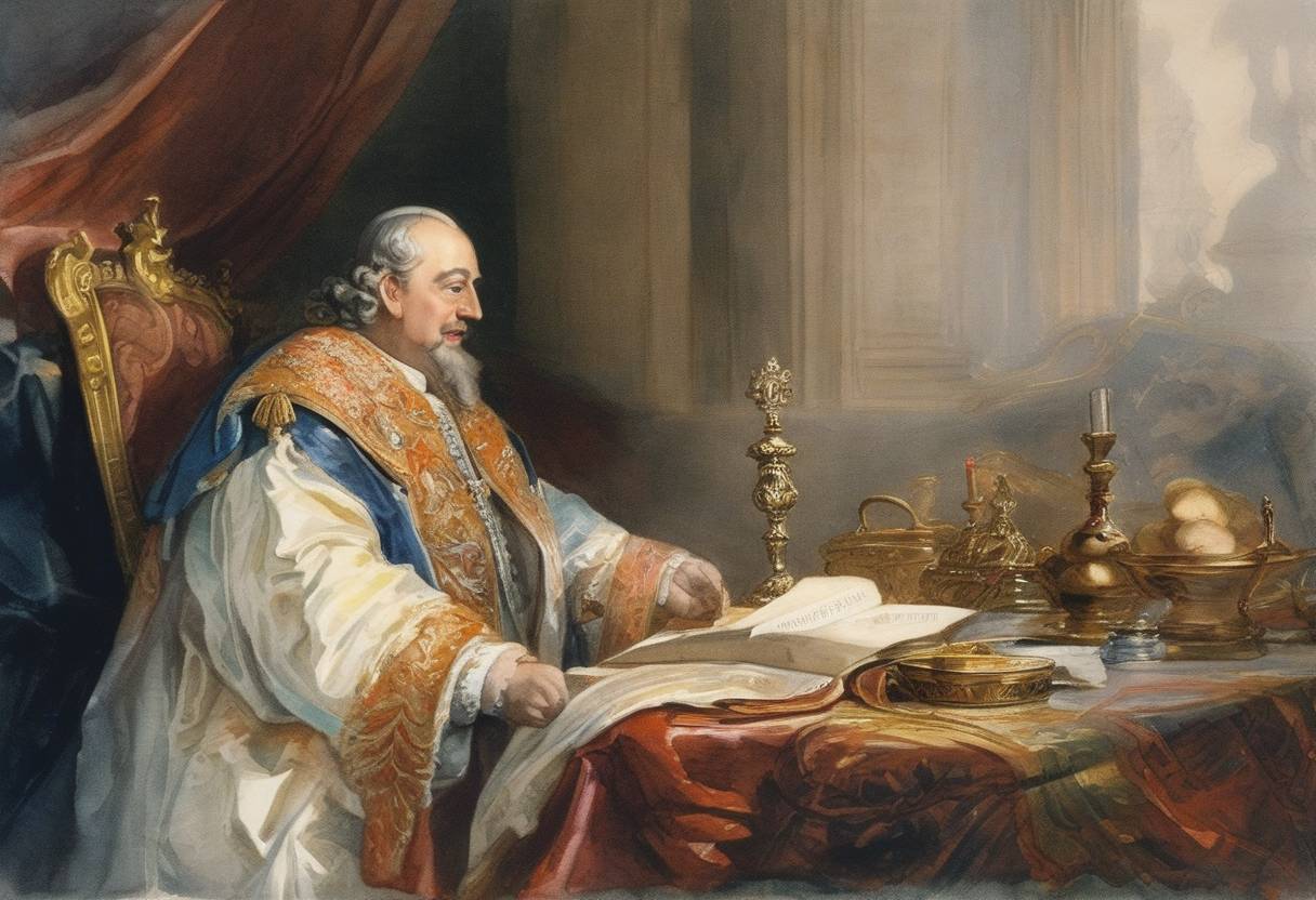 Watercolor painting based depiction of Emperor Peter I of Russia issues a ukase (edict) that requires the Russian New Year to be celebrated on January 1, aligning with the Julian calendar instead of September 1. (1709)