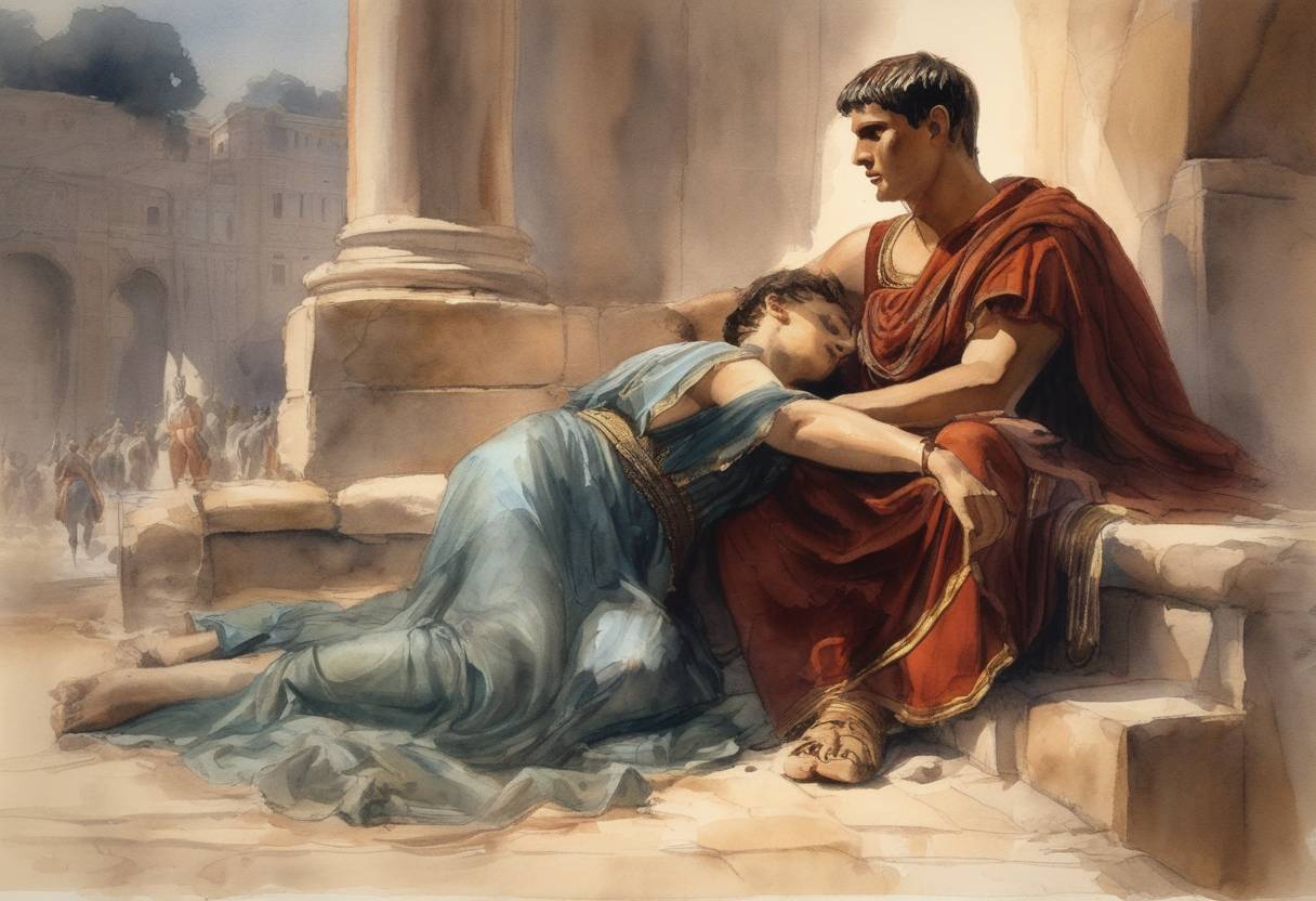 Watercolor painting based depiction of The Roman Emperor Augustus died. His death became widely recognized on September 2, the day when his successor, Tiberius, was publicly declared the Emperor of Rome. (31)