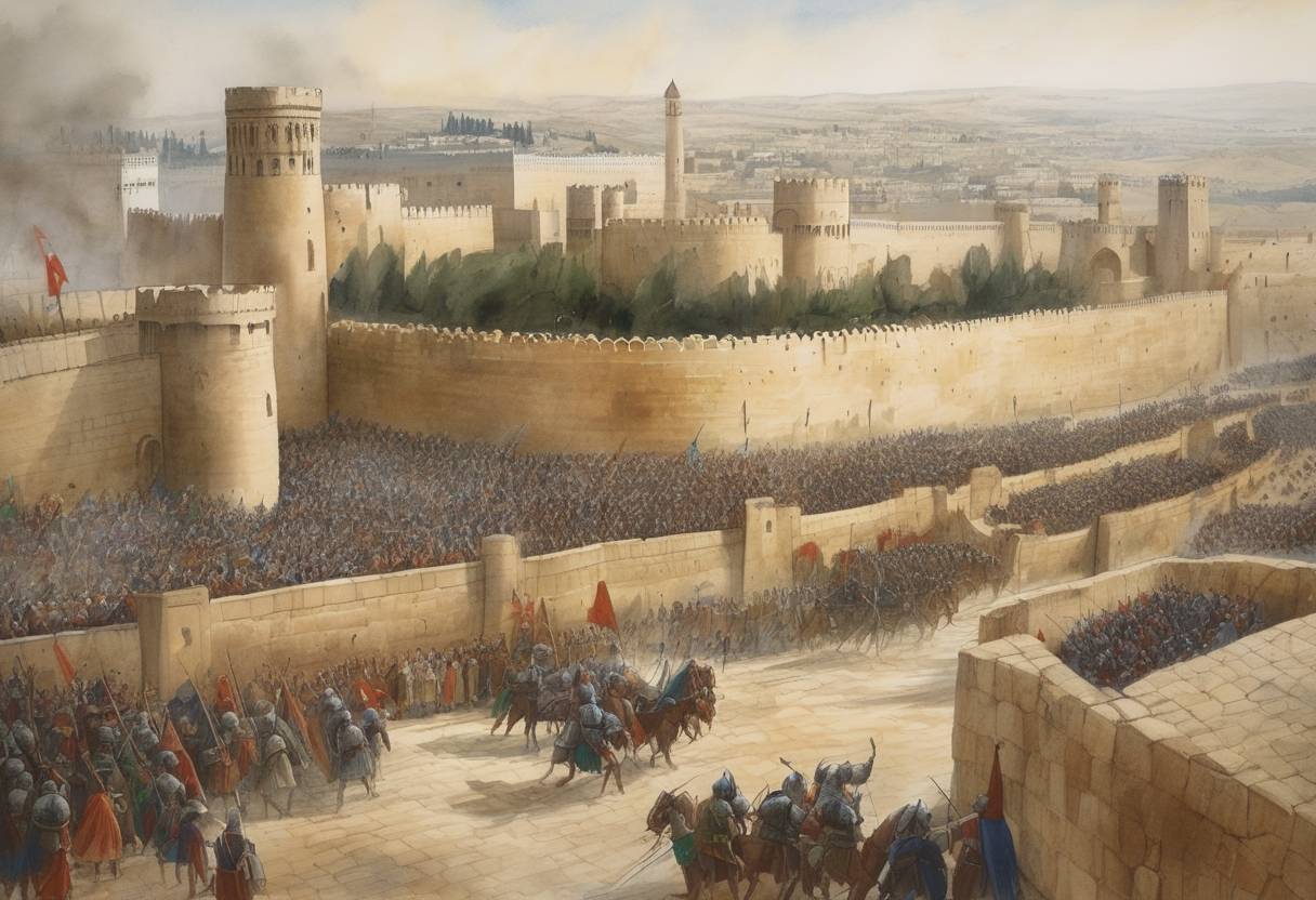 Watercolor painting based depiction of The Siege of Jerusalem began during the First Crusade. Thousands of European knights and soldiers arrived outside the city, then controlled by the Fatimid Caliphate, marking the start of a pivotal and brutal siege that would culminate on July 15, 1099, with the capture of Jerusalem by the Crusaders. (1099)
