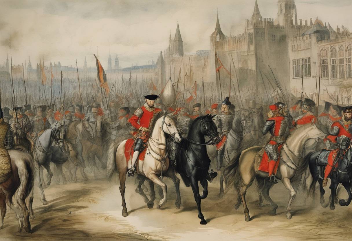 Watercolor painting based depiction of One of the Ten Days Misunderstanding during the Eighty Years' War: the Spanish army, led by Alexander Farnese, captured Kortrijk. (1580)