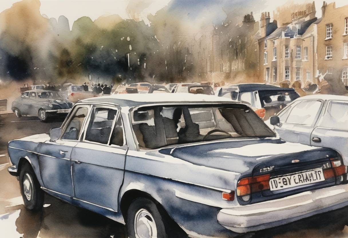 Watercolor painting based depiction of Airey Neave, a British politician, was assassinated when a bomb exploded under his car as he drove out of the House of Commons car park. (1979)
