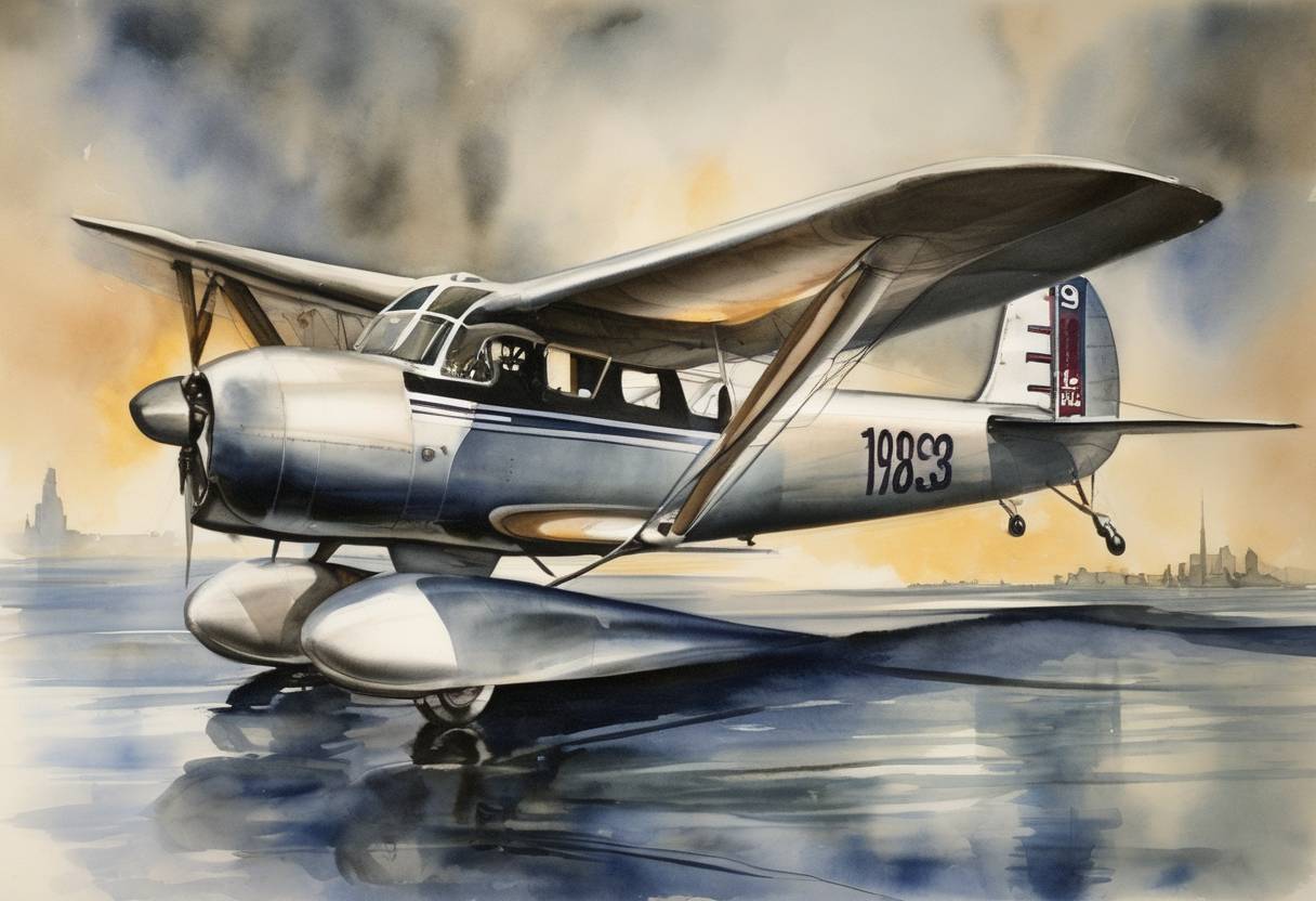 Watercolor painting based depiction of Howard Hughes set a new world record by completing a flight around the world in just 91 hours, a significant achievement in aviation history that demonstrated advancements in aircraft technology and navigation. (1938)