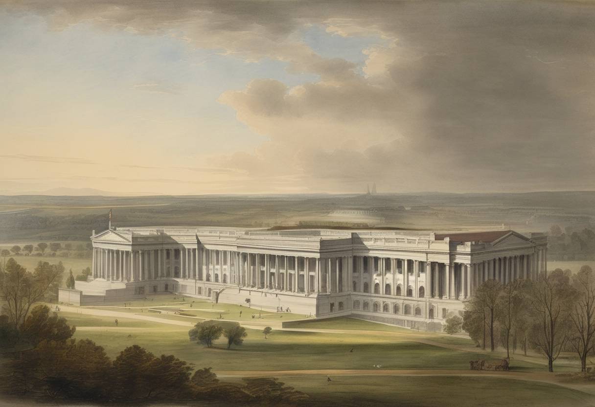 Watercolor painting based depiction of The United States Library of Congress is established by an act of Congress. (1800)