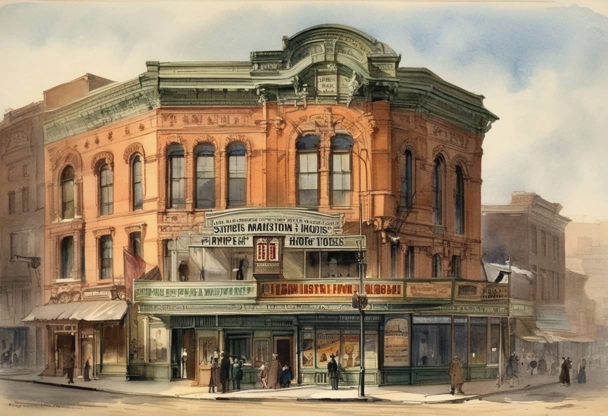 Watercolor painting based depiction of The first commercial motion picture house opened in New York City using Thomas Edison's Kinetoscope. (1894)