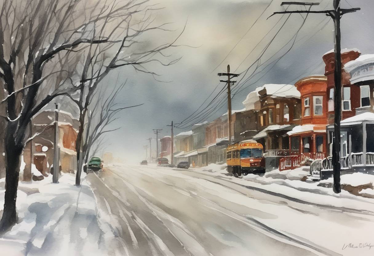 Watercolor painting based depiction of A severe snowstorm strikes the Midwest of the United States, resulting in widespread travel chaos and power outages across several states, affecting thousands of households and businesses. (2019)