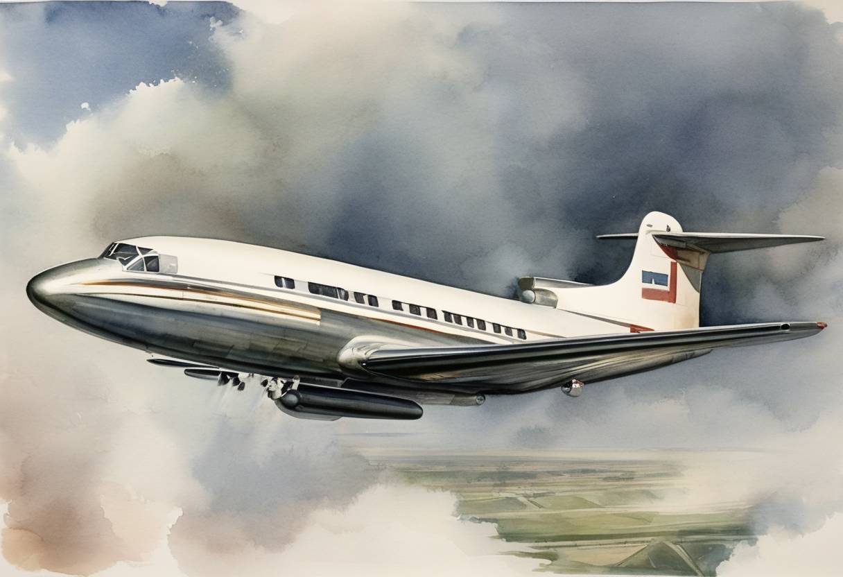 Watercolor painting based depiction of The de Havilland Comet, the world's first commercial jet airliner, makes its maiden flight. (1949)