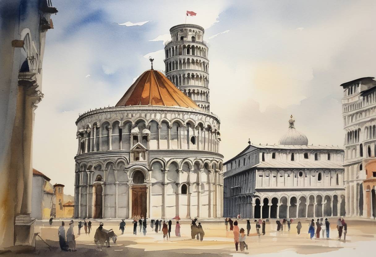 Watercolor painting based depiction of Construction began on the Tower of Pisa, which would later become famous as the Leaning Tower of Pisa due to its unintended tilt caused by a poorly laid foundation on unstable soft ground. (1173)