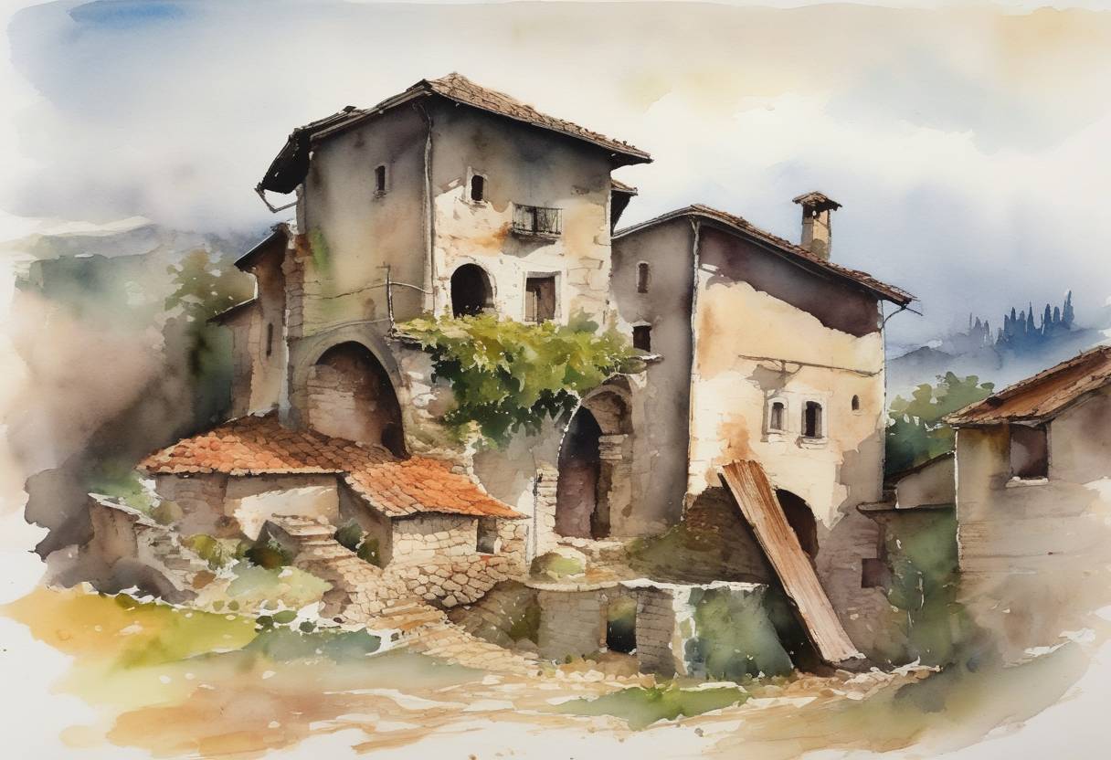 Watercolor painting based depiction of An earthquake strikes the region of Friuli in the northern part of present-day Italy, causing significant destruction and loss of life. It is known as the Friuli earthquake and is considered one of the most destructive quakes in the region during the Middle Ages. (1348)