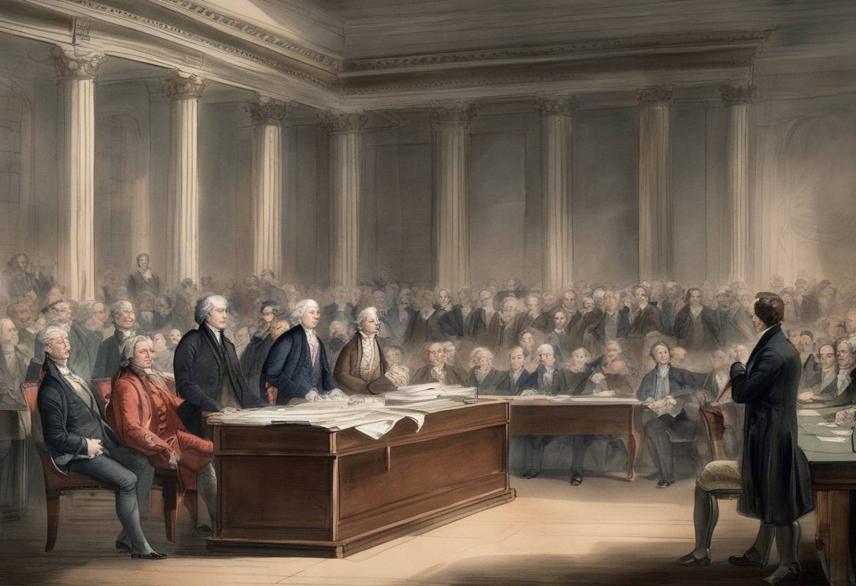 Watercolor painting based depiction of The Second Federal Congress convened for the last time in Philadelphia. Preparations were underway to move the government to the new capital city, Washington, D.C. (1800)