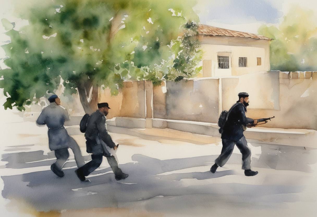 Watercolor painting based depiction of A Palestinian gunman kills eight students at the Mercaz HaRav yeshiva in Jerusalem. (2008)