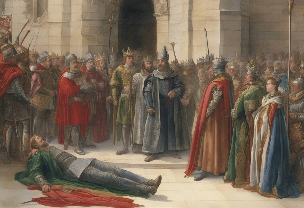 Watercolor painting based depiction of Henry IV of Castile dies, leading to a succession crisis in Castile and the start of the War of the Castilian Succession. (1474)