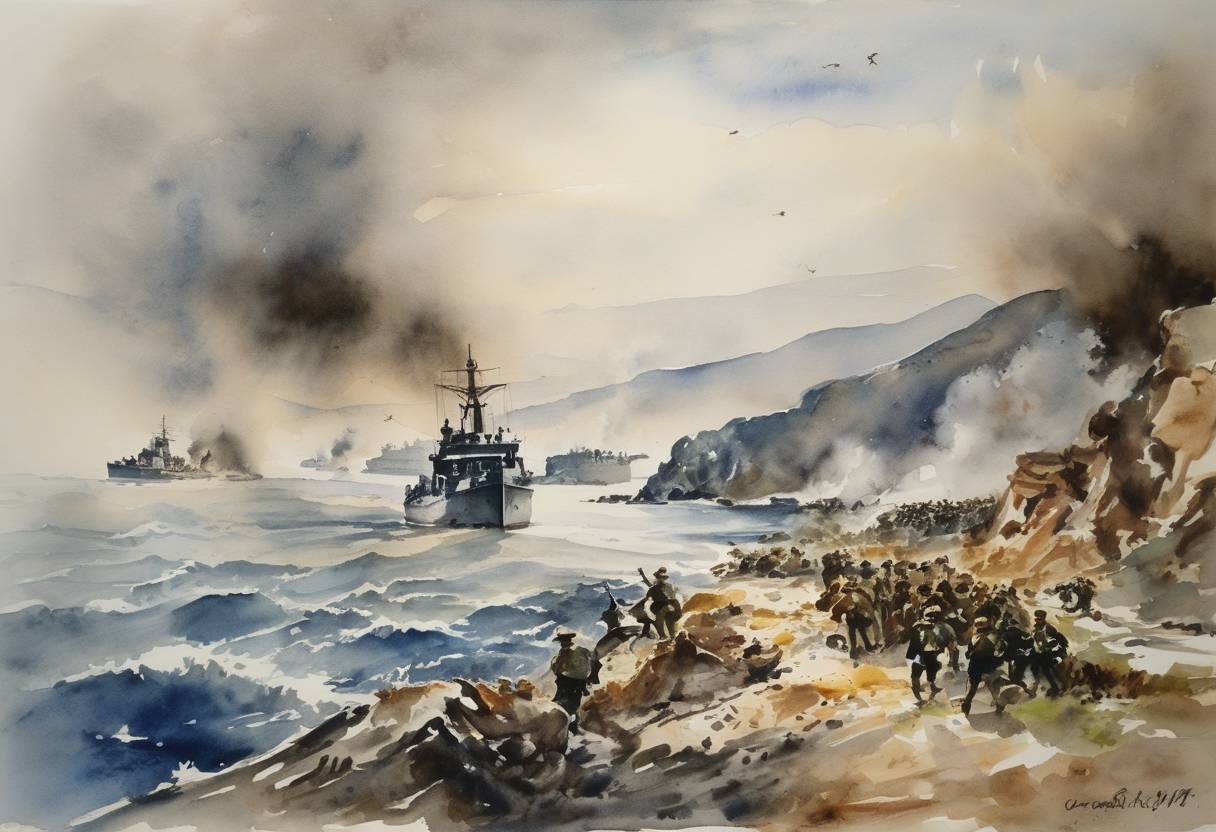 Watercolor painting based depiction of The Battle of Cape Matapan takes place during World War II, resulting in a decisive Allied naval victory against the Italian fleet. (1941)