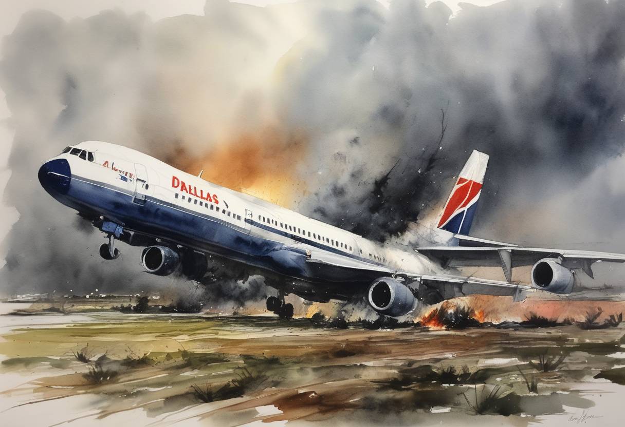 Watercolor painting based depiction of Delta Air Lines Flight 191 crashed while approaching Dallas/Fort Worth International Airport due to a microburst-induced wind shear, killing 137 people. (1985)
