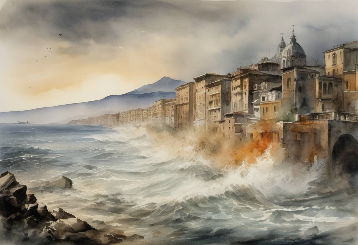 Watercolor painting based depiction of A massive tsunami hits the Tyrrhenian Sea, devastating the city of Naples and causing significant loss of life and property. (1343)