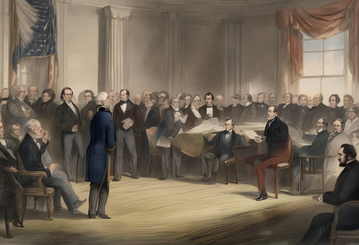 Watercolor painting based depiction of The U.S. presidential election of 1844 was held, where James K. Polk defeated Henry Clay. This election was notably focused on issues of territorial expansion, including the annexation of Texas. (1844)