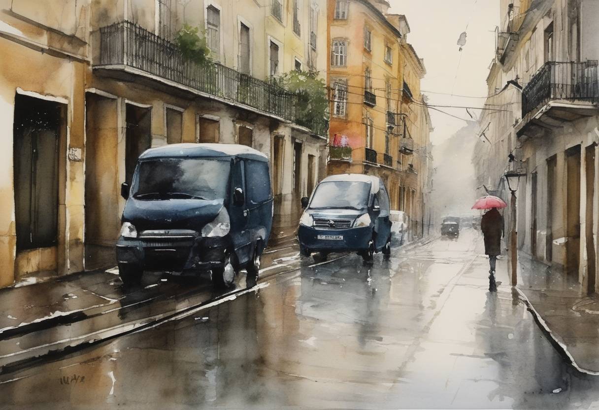 Watercolor painting based depiction of Strong winds and rain sweep through Portugal, causing widespread destruction and marking one of the worst bouts of severe weather the country has seen. (2010)