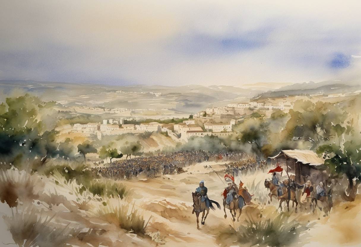 Watercolor painting based depiction of The Battle of Ajnadayn was fought between the Rashidun Caliphate and the Byzantine Empire, marking a decisive Muslim victory that paved the way for further Islamic expansion into Byzantine territories. (634)