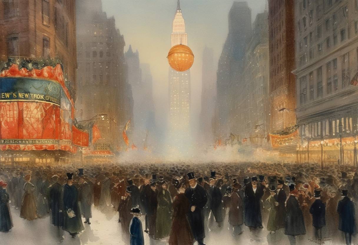 Watercolor painting based depiction of New York City introduced the ball drop in Times Square for the first New Year's Eve celebration. (1908)