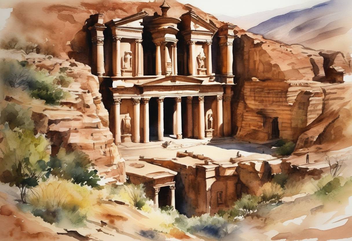 Watercolor painting based depiction of In the year 106, the Roman Emperor Trajan declared the annexation of Arabia Petraea (now modern-day Jordan and southern Syria) into the Roman Empire. (106)