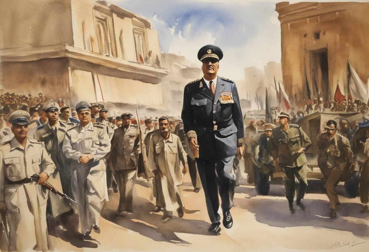 Watercolor painting based depiction of Gamal Abdel Nasser seizes power in Egypt, beginning a new era of military leadership in the country. His leadership marked the end of British military presence and the start of widespread reforms in Egypt. (1954)