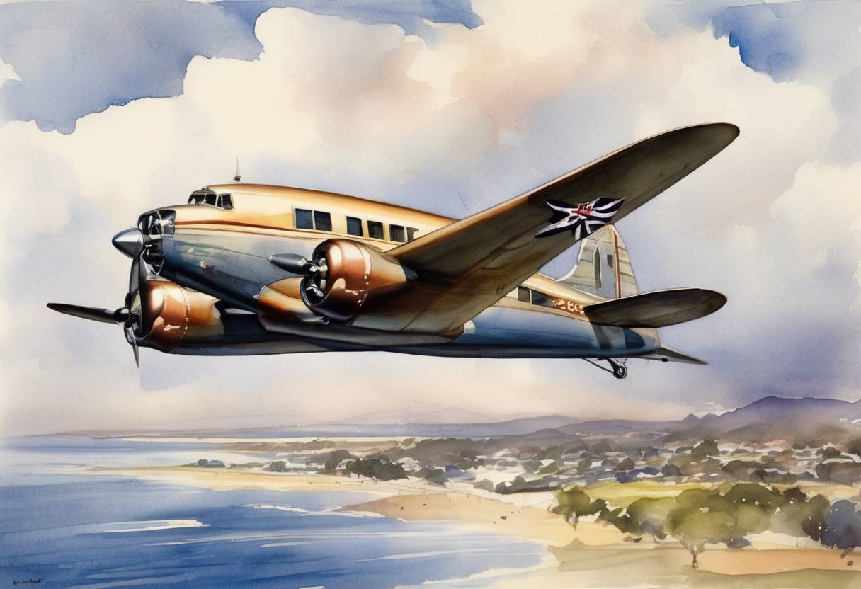 Watercolor painting based depiction of The first flight of an aircraft using the Douglas DC-3 took place, revolutionizing air transport across the globe. (1935)