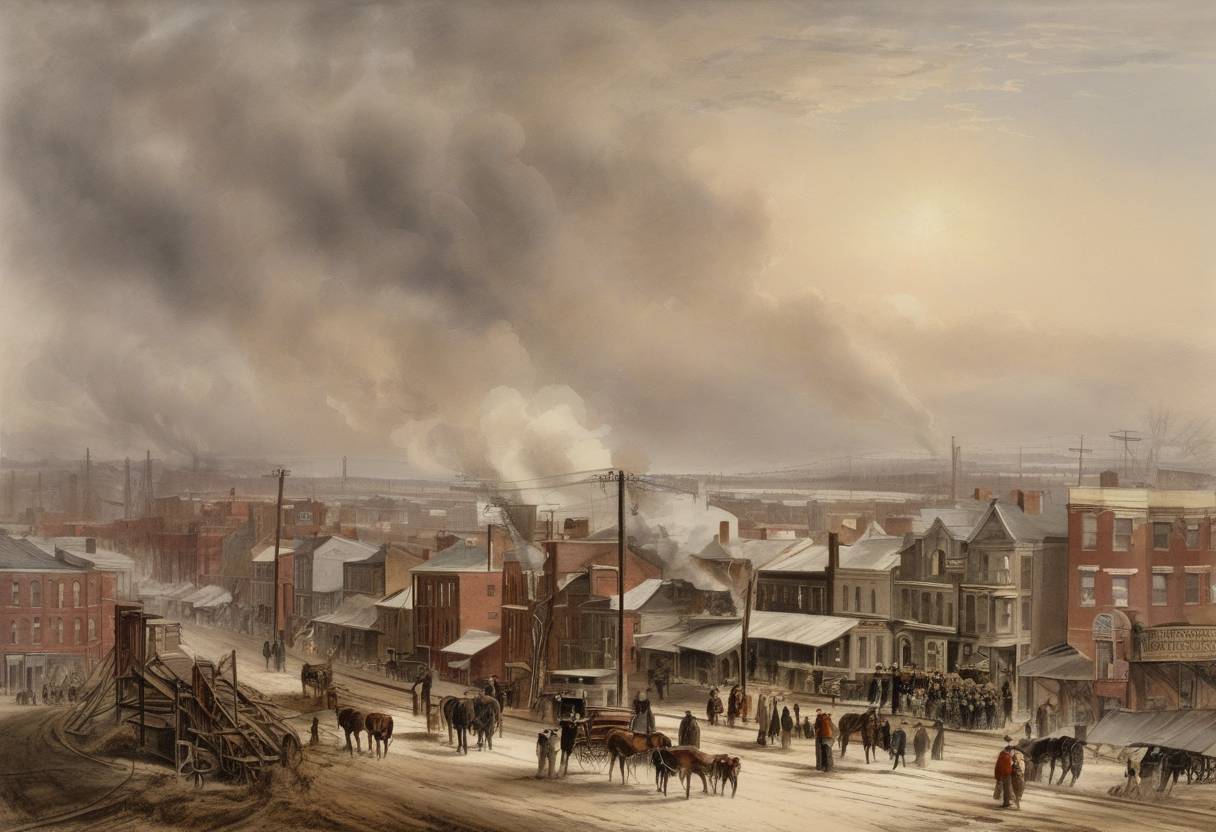 Watercolor painting based depiction of The city of Paterson, New Jersey, is profoundly affected by the devastating Paterson Silk Strike, as tensions in textile industries lead to widespread worker protests and demands for better conditions. (1881)