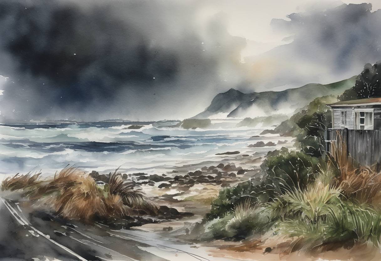 Watercolor painting based depiction of Cyclone Gita struck New Zealand, causing significant damage and power outages as authorities declared a state of emergency in some of the affected areas. (2018)