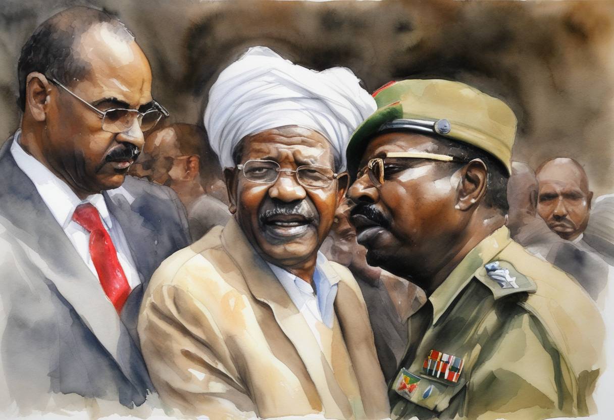 Watercolor painting based depiction of The International Criminal Court issues an arrest warrant for Sudanese President Omar al-Bashir for war crimes and crimes against humanity in Darfur. (2009)
