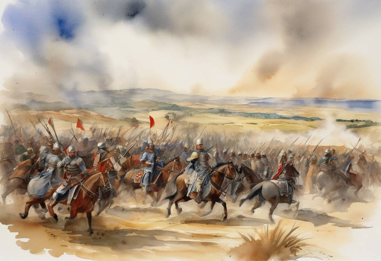 Watercolor painting based depiction of Battle of Río Salado: A significant military engagement where the combined forces of Castile and Portugal defeated the Marinid Dynasty of Morocco and their allies at Tarifa. (1340)
