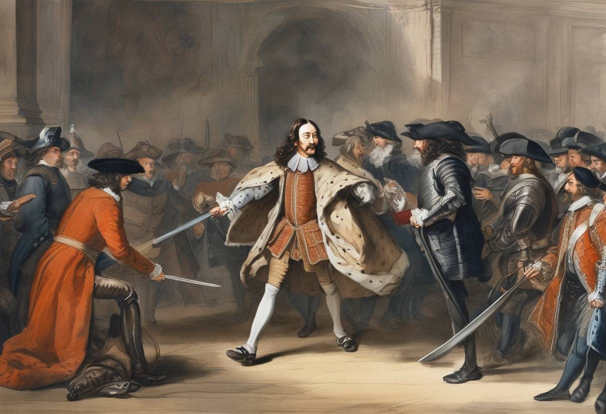 Watercolor painting based depiction of The King of England, Charles I, orders the arrest of members of Parliament, sparking a confrontation that leads to the English Civil War. (1642)
