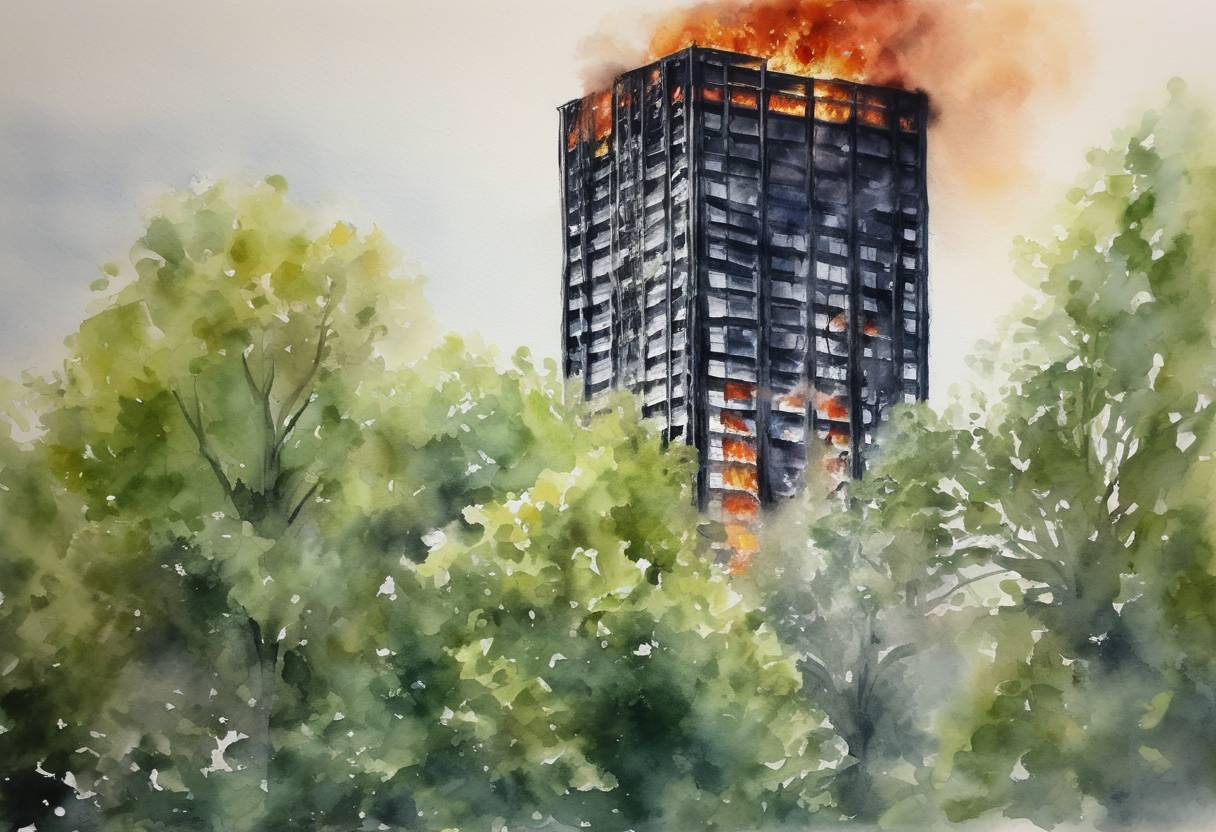 Watercolor painting based depiction of A fire broke out in the Grenfell Tower, a residential high-rise building in North Kensington, London, resulting in 72 fatalities. (2017)