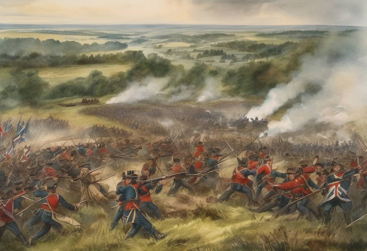 Watercolor painting based depiction of The Battle of Ridgeway took place. It was the largest engagement of the Fenian Raids, when members of the Fenian Brotherhood, mainly composed of Irish American veterans of the American Civil War, attempted to capture Canada as leverage to force Britain to grant Ireland independence. (1866)
