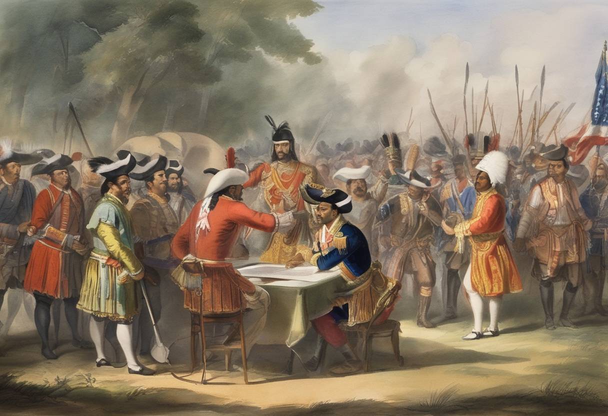 Watercolor painting based depiction of A treaty is signed between the Pawnee and the Spanish Empire. This recognition allowed Spanish legitimacy within the territories they claimed in North America. (1738)