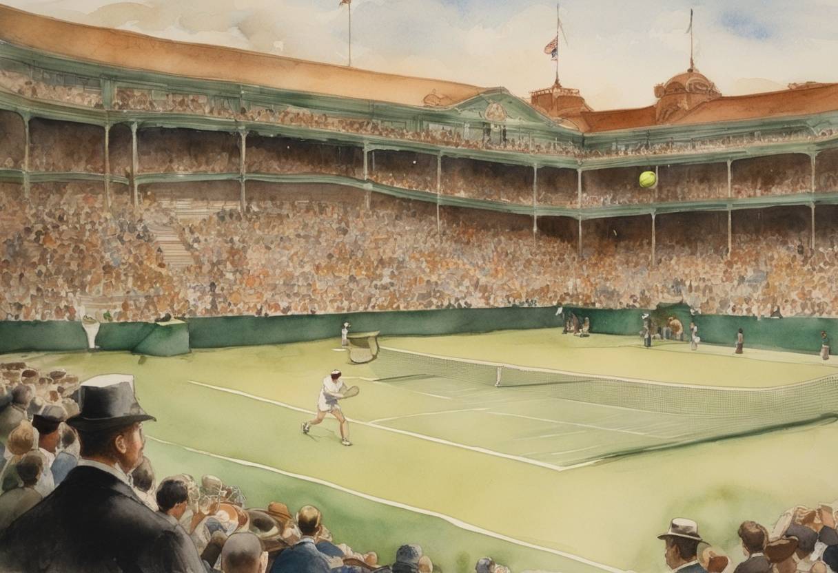 Watercolor painting based depiction of The Davis Cup, the prestigious international men's tennis tournament, was established and the trophy was first offered. The idea was initiated by Dwight F. Davis, a Harvard student, for a competition between the U.S. and British Isles teams. (1900)