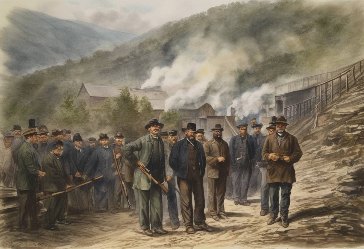 Watercolor painting based depiction of The Molly Maguires, a secret organization of Irish-American coal miners, faced the execution of ten members in Mauch Chunk (now Jim Thorpe), Pennsylvania. They were convicted of involvement in a series of labor-related crimes and murders. (1877)