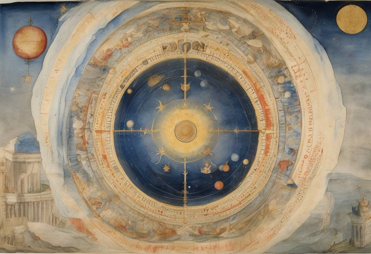 Watercolor painting based depiction of Nicolaus of Cusa, a German philosopher, theologian, jurist, mathematician, and astronomer, discarded the traditional geocentric model of the universe, advocating a form of celestial philosophy that suggests a more complex and less Earth-centered universe. (1457)