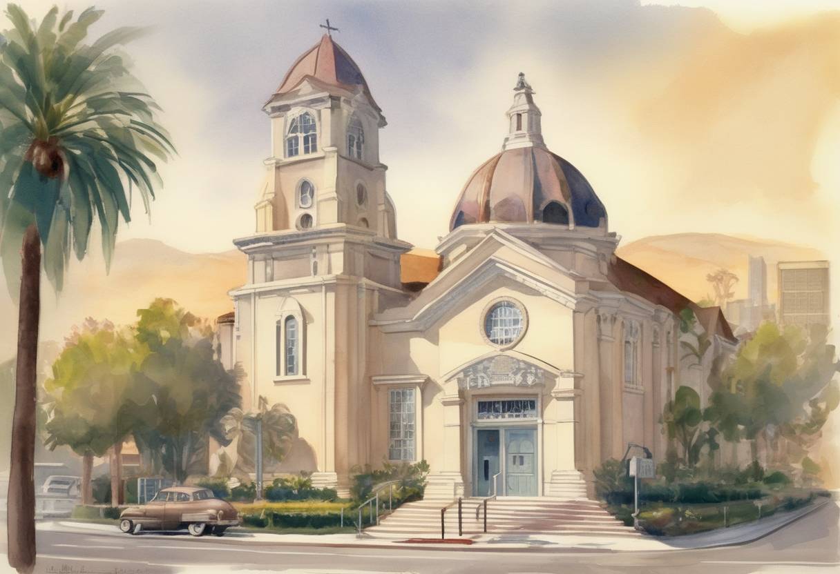 Watercolor painting based depiction of The first Church of Scientology is established in Los Angeles, California. (1954)